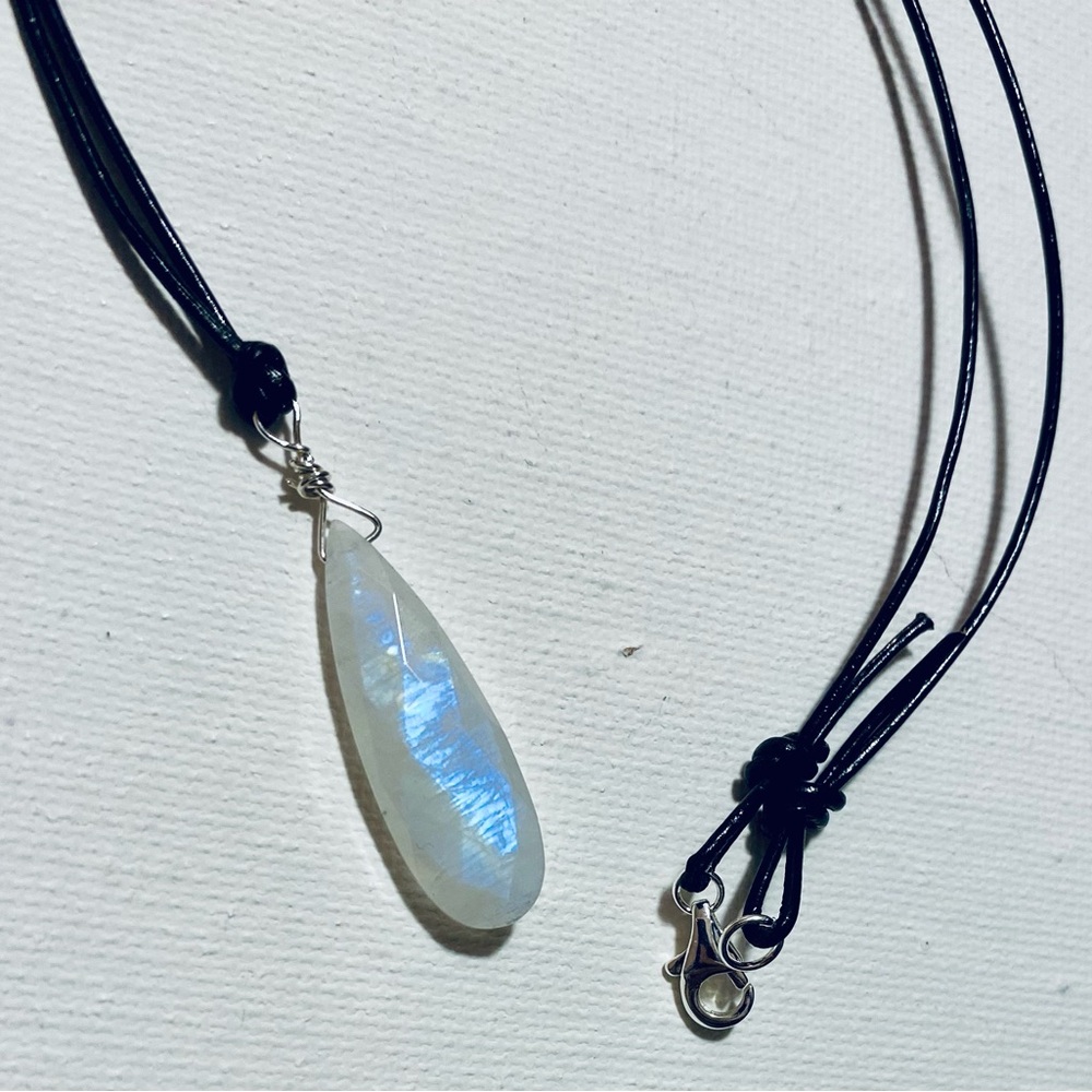 Rainbow Moonstone Briolette Pendant Necklace on Black Leather Sterling